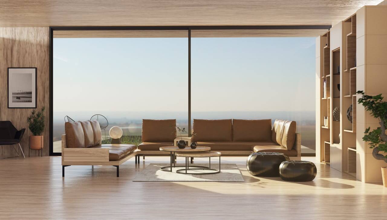 Livingroom with large glass window. Image by Pexels