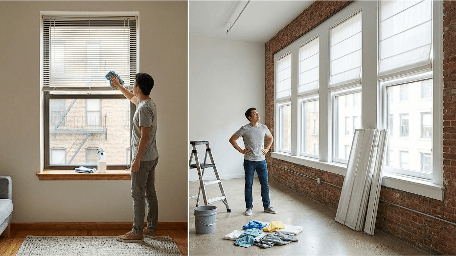 Person cleaning window blinds