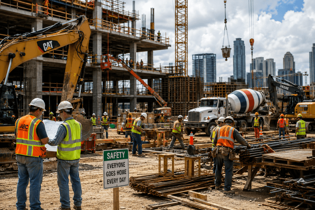 Active construction site with multiple contractors and heavy equipment. Image by Chatgpt
