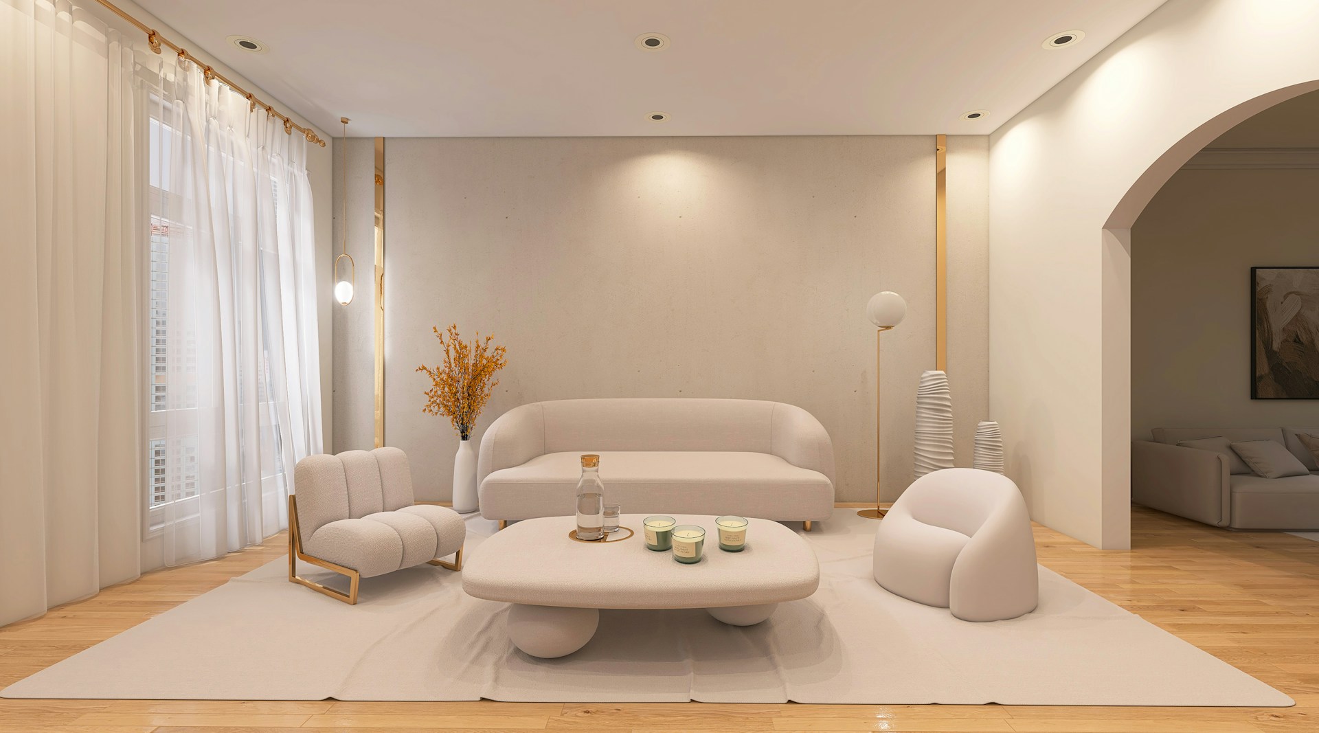 Livingroom with a white couch, chairs, rug, curtains. Image by Unsplash