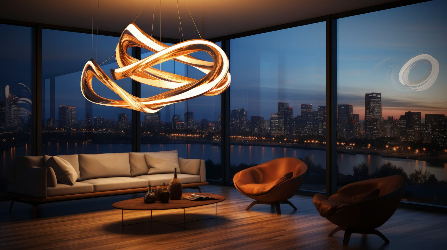 Livingroom with large windows, and a large ceiling light. Image by Freepik