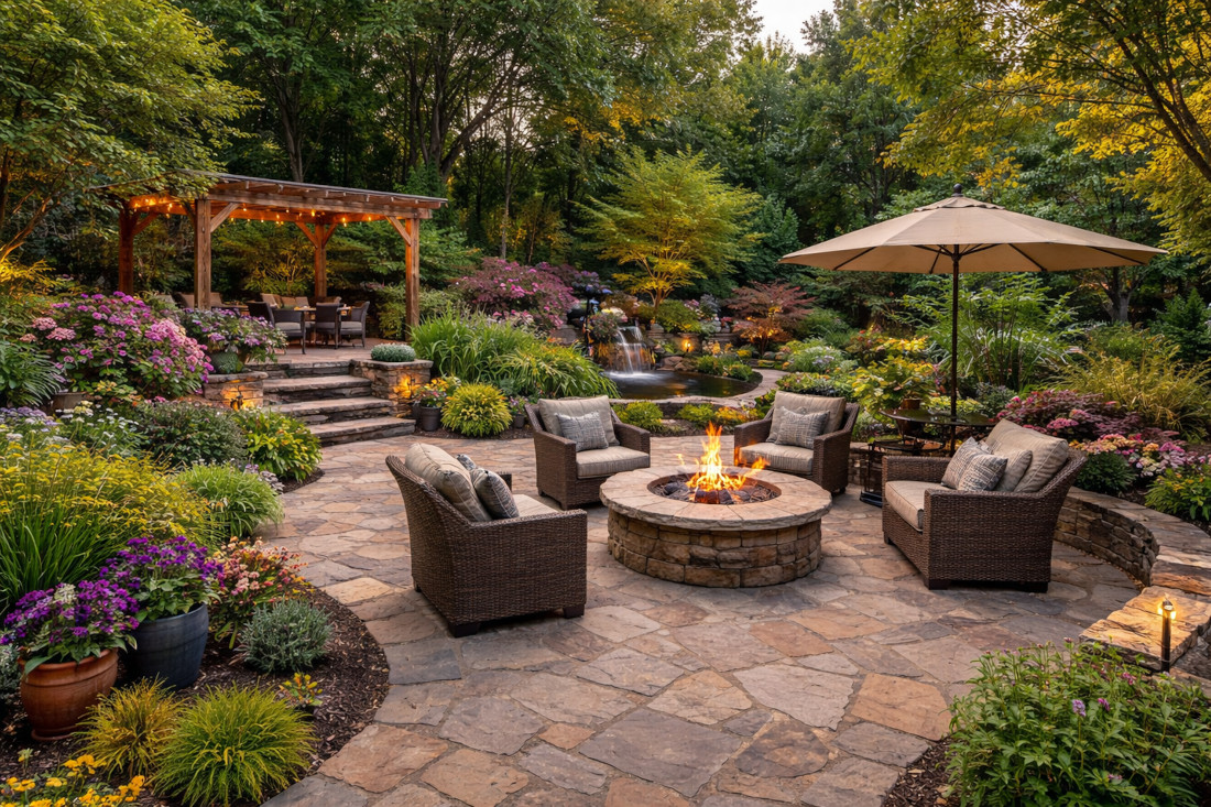 Backyard patio, pond and waterfall