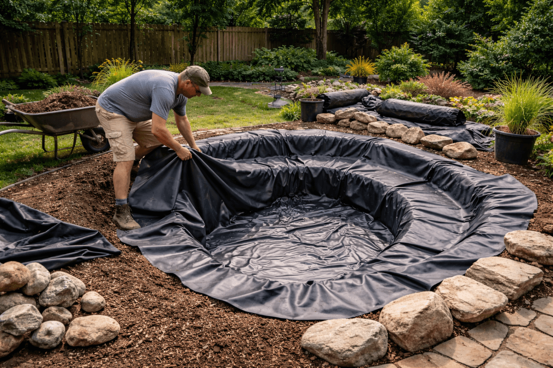 A homeowner installing the vinyl liner in the backyard pond