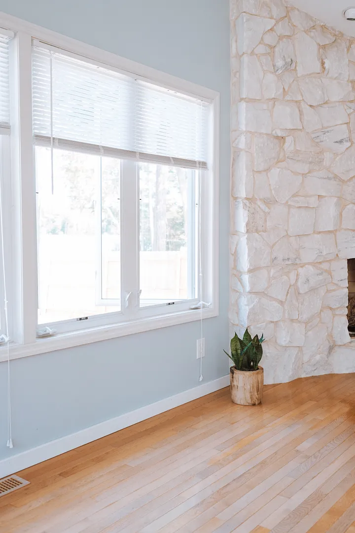 Hardwood floors, large window, plant on floor. Image by Unsplash.