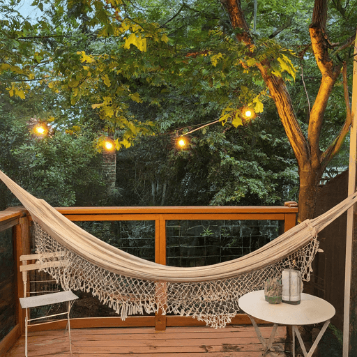 Deck with a hammock and lights in a tree. Image by Gemini