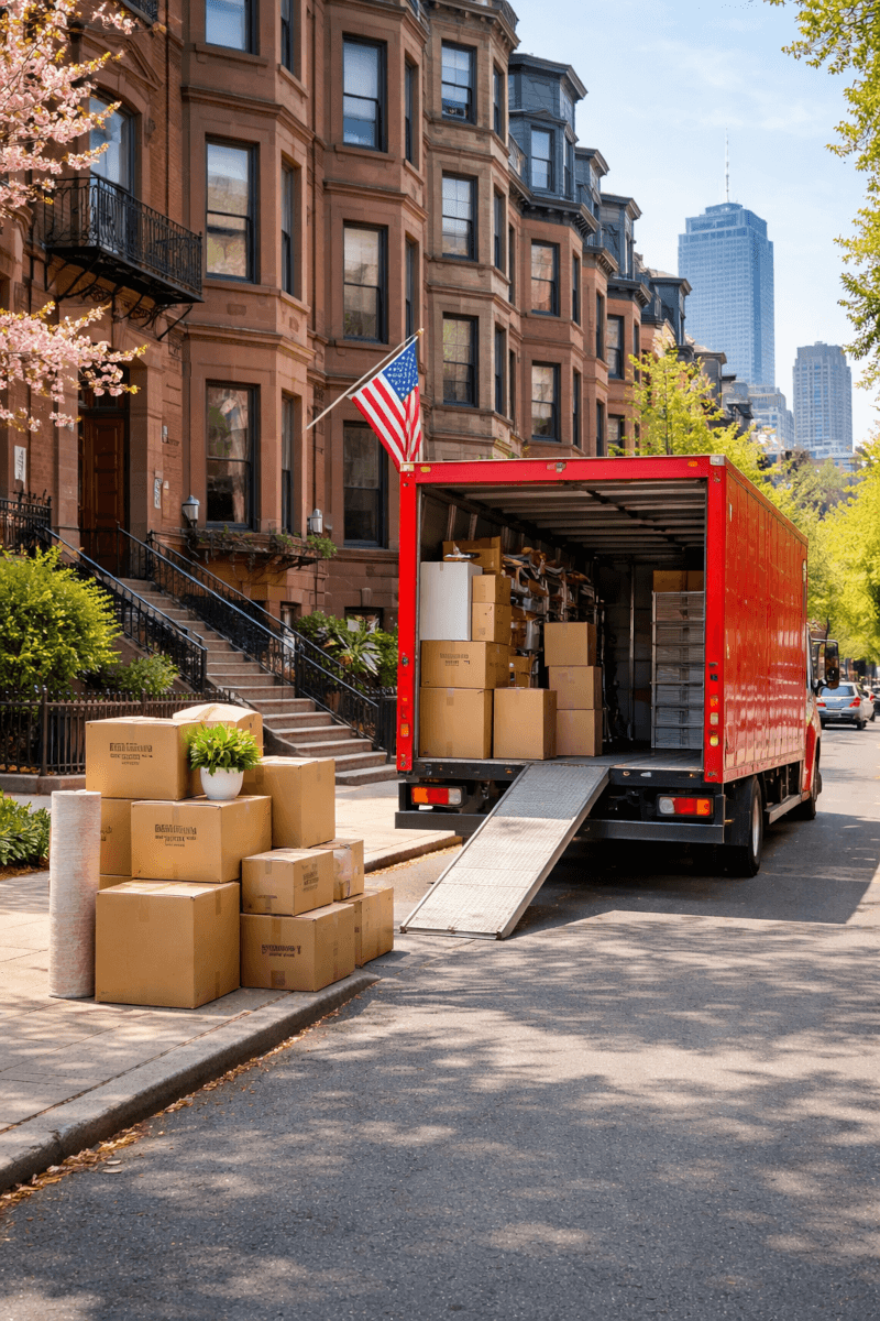 Professional moving boxes and a car carrier truck arriving in the Boston city environment. Image by Chatgpt