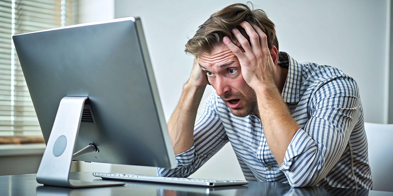 Frustrated person in front of a computer. Image by Pixabay