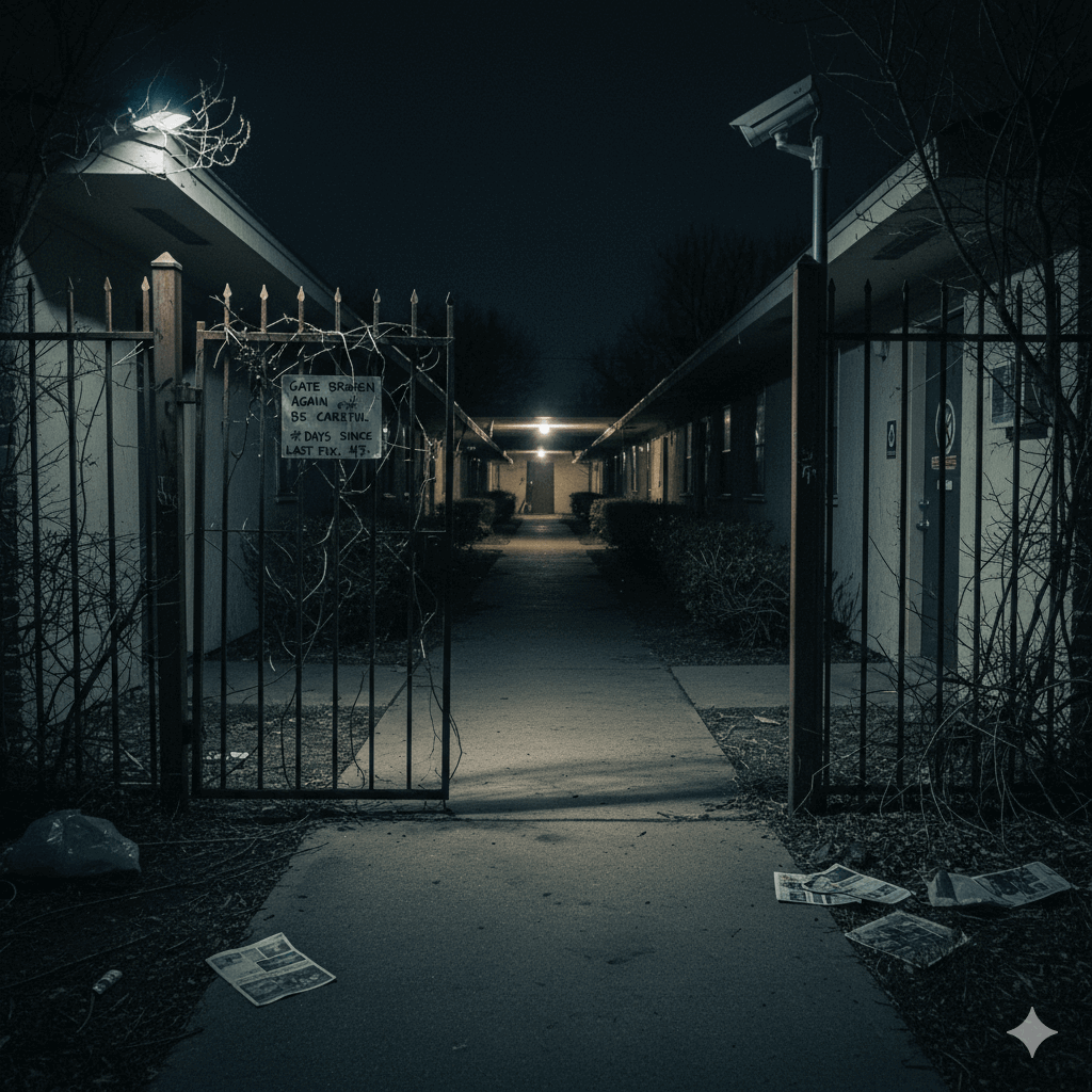 Broken gate, security camera, nighttime. Image by Gemini