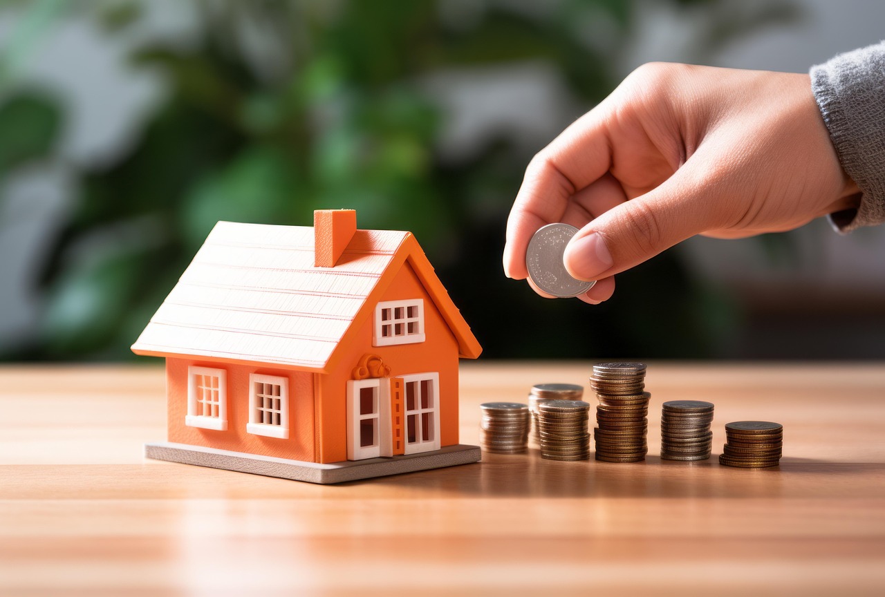Small house on a table, coins in stacks. Image by Pixabay