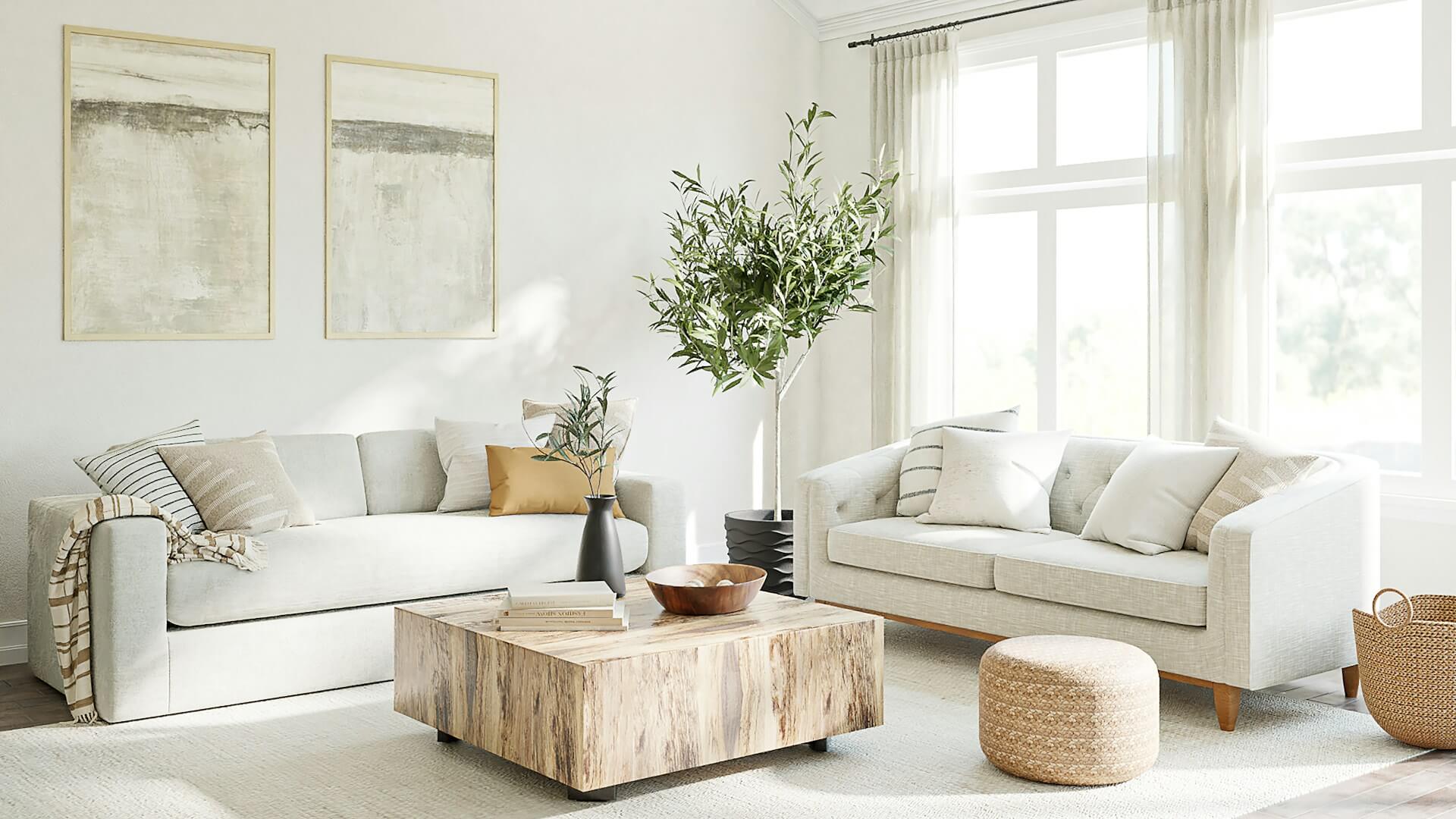 Modern livingroom with light colored furniture. Image by Unsplash