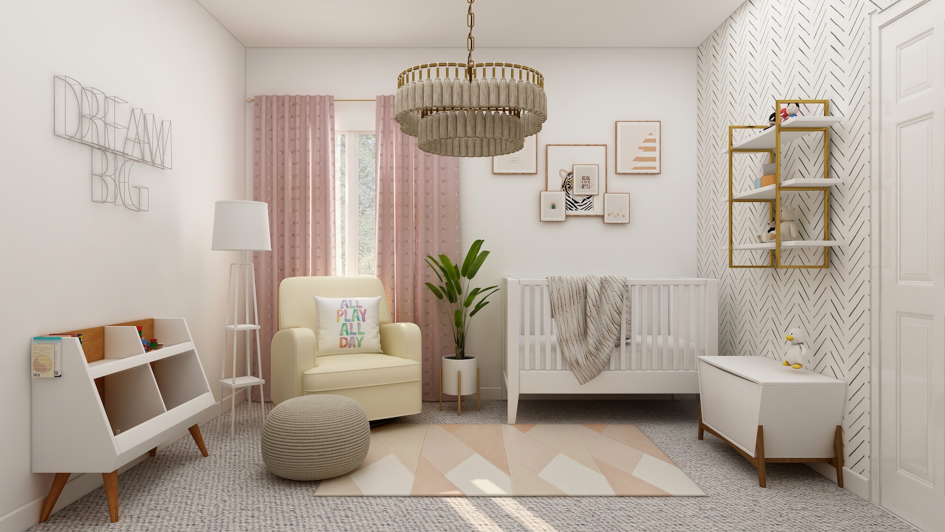 nursery with crib, wallpaper, pink curtains, carpeting