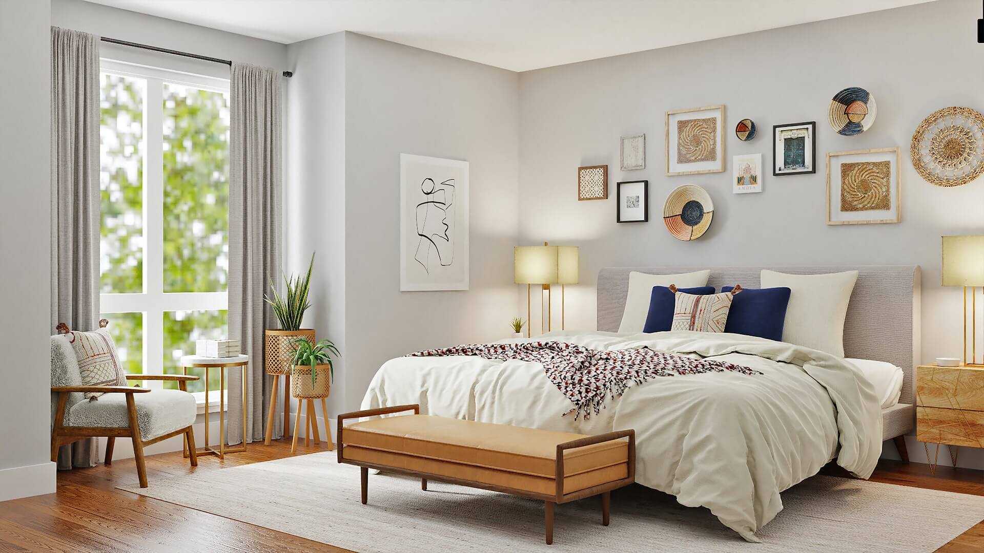 Bedroom with lots of wall art